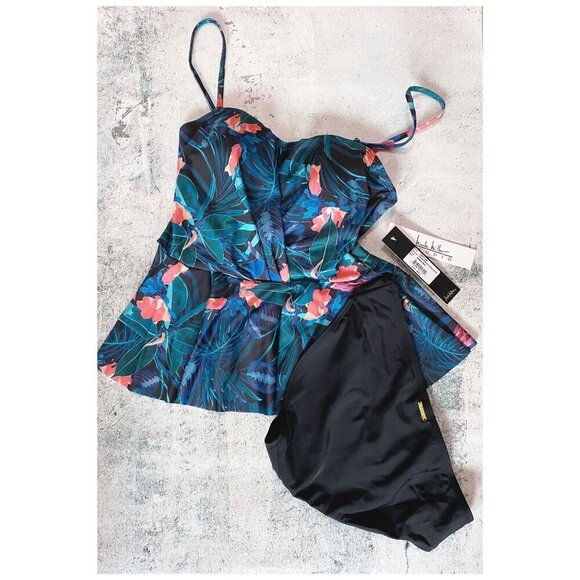 Nicole Miller Studio NWT $98 Green Floral Twist-Accent Peplum Tankini Set Size S - Picture 2 of 9